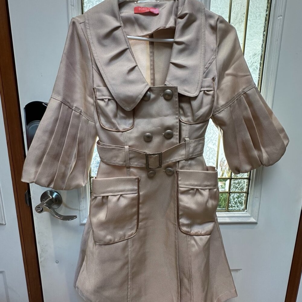 Bora Aksu Designer Trench Coat Dress – Size 38 – Belted Puff Sleeve Romantic